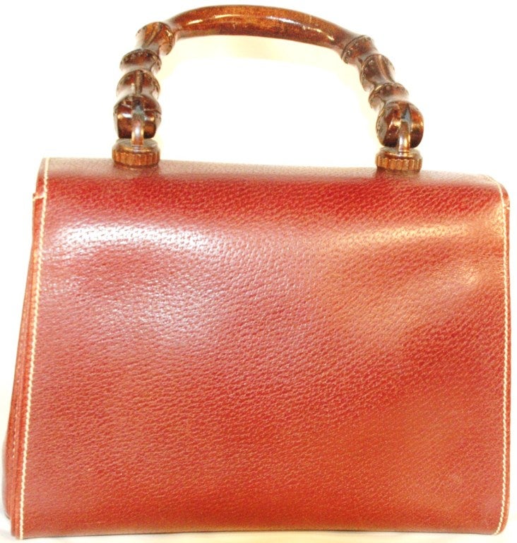Women's Rare Vintage1960s  Gucci Wooden Handle Bordeaux Leather Multi Compartment Handbag