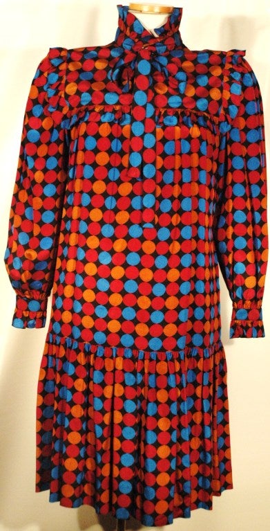Vintage Yves Saint Laurent Rive Gauche Silk multi Color Polka Dot Ruffle Dress For Sale 5