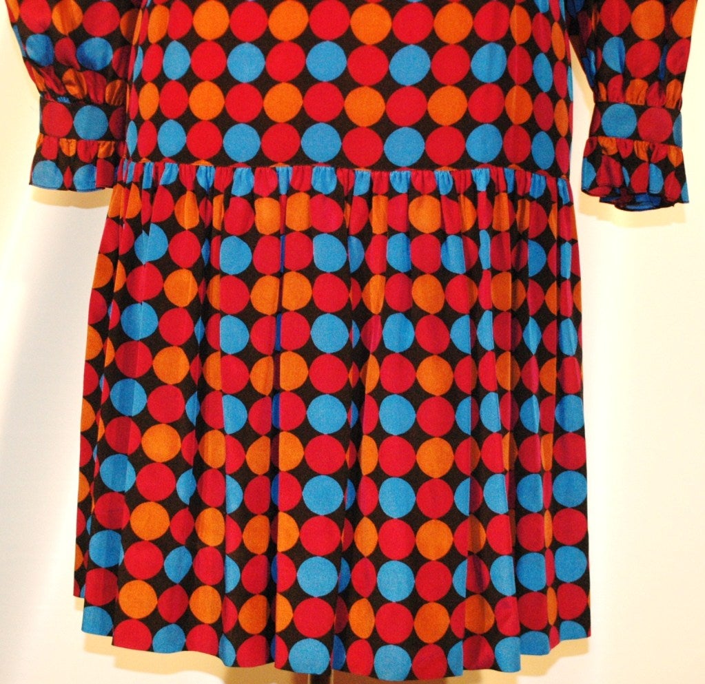 Vintage Yves Saint Laurent Rive Gauche Silk multi Color Polka Dot Ruffle Dress In Excellent Condition For Sale In Lake Park, FL