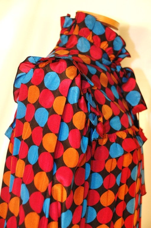 Vintage Yves Saint Laurent Rive Gauche Silk multi Color Polka Dot Ruffle Dress For Sale 1