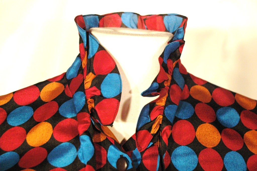 Vintage Yves Saint Laurent Rive Gauche Silk multi Color Polka Dot Ruffle Dress For Sale 2