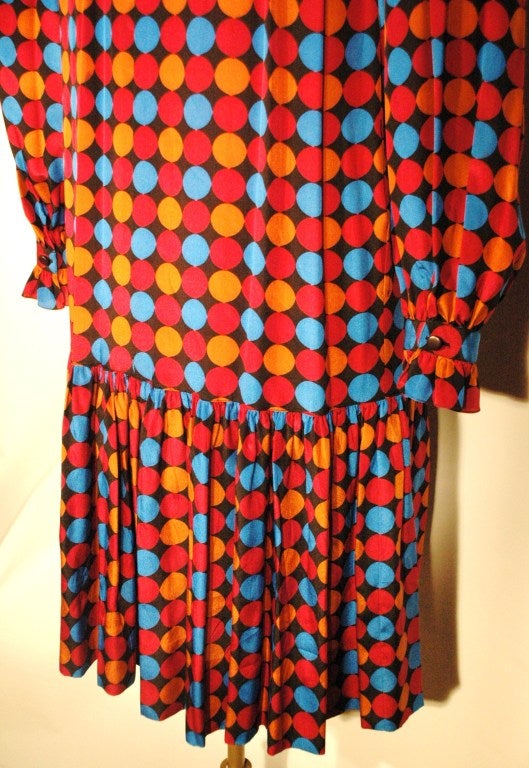 Vintage Yves Saint Laurent Rive Gauche Silk multi Color Polka Dot Ruffle Dress For Sale 4