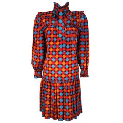 Vintage Yves Saint Laurent Rive Gauche Silk multi Color Polka Dot Ruffle Dress