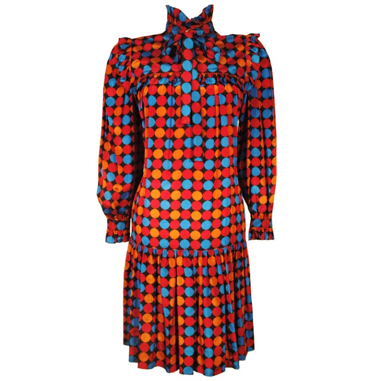 Vintage Yves Saint Laurent Rive Gauche Silk multi Color Polka Dot Ruffle Dress For Sale