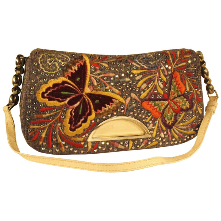 Christian Dior Butterfly Embroidered AB Crystal Denim Flap Handbag For Sale