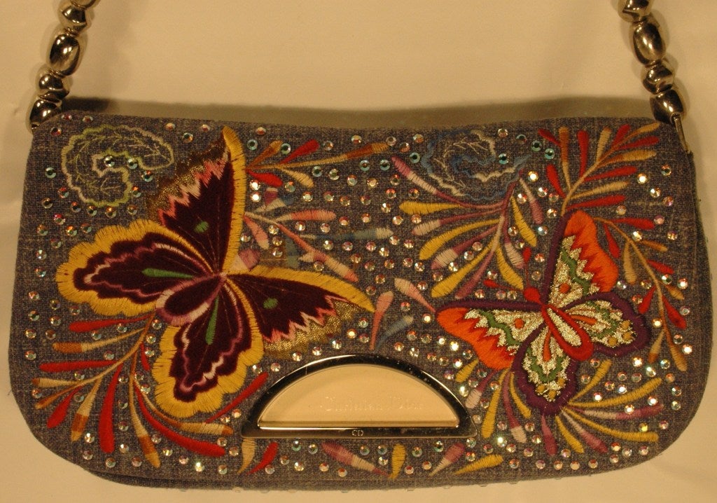 Christian Dior Butterfly Embroidered AB Crystal Denim Flap Handbag For Sale 2