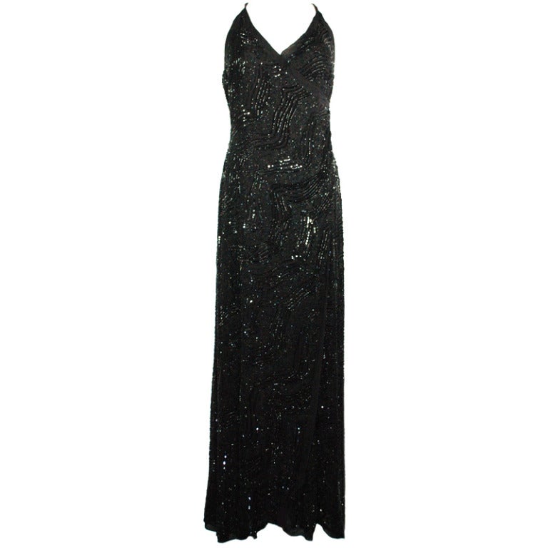 Giorgio Armani Gorgeous Black Beaded Long Evening Gown For Sale