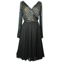 Vintage Bob Mackie Black Nude Beaded Top with Chiffon Skirt One pc Cocktail Dress