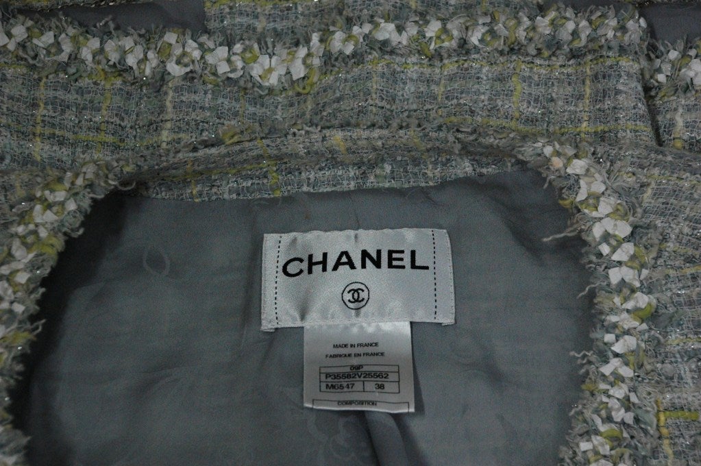 Chanel 09P 2009 Tweed Jacket Silver Lime White Jacket Sz38