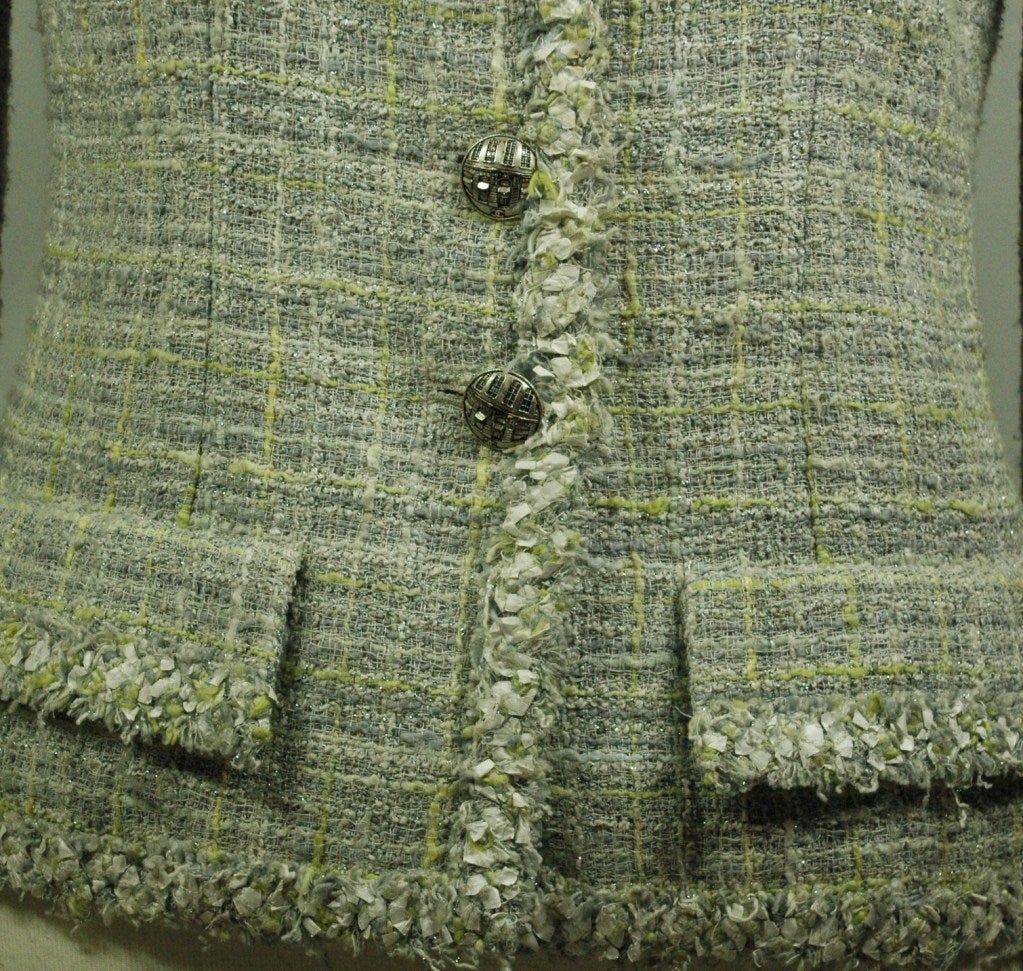 Women's Chanel 09P 2009 Tweed Jacket Silver Lime White Jacket Sz38 For Sale