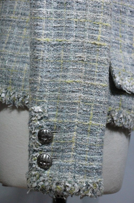 Chanel 09P 2009 Tweed Jacket Silver Lime White Jacket Sz38 For Sale 2