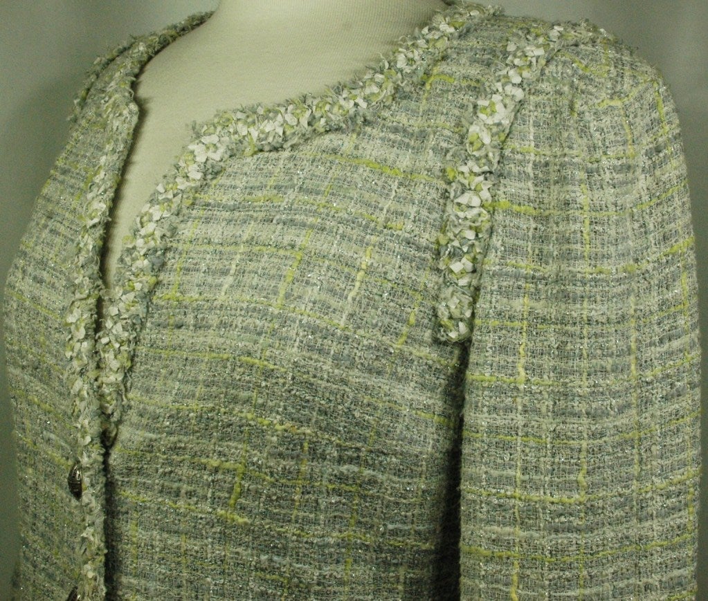 Chanel 09P 2009 Tweed Jacket Silver Lime White Jacket Sz38 For Sale 5