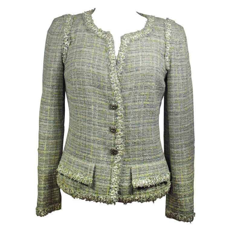 Chanel 09P 2009 Tweed Jacket Silver Lime White Jacket Sz38 For Sale