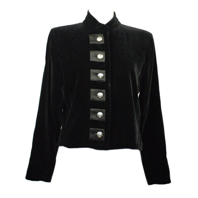 Vintage 1991 Yves Saint Laurent RIve Gauche Black Velvet Jacket w Silver Buttons For Sale