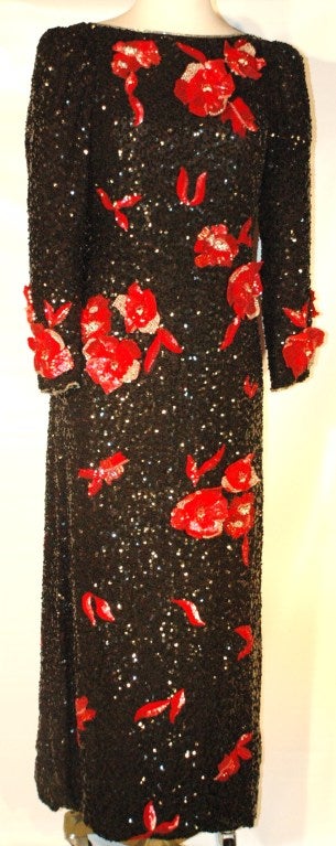 Richilene Full Length Silk Rare Long Sleeve Black Beaded Red Flower Gown Gorgeous For Sale 2