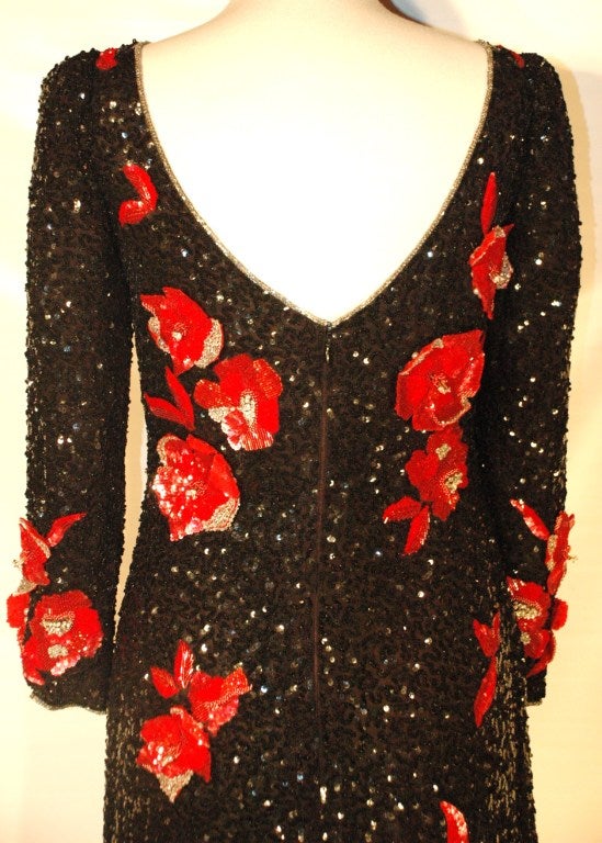 Richilene Full Length Silk Rare Long Sleeve Black Beaded Red Flower Gown Gorgeous For Sale 3