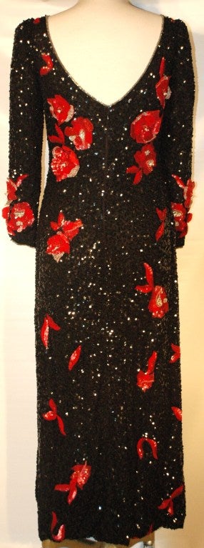 Richilene Full Length Silk Rare Long Sleeve Black Beaded Red Flower Gown Gorgeous For Sale 4