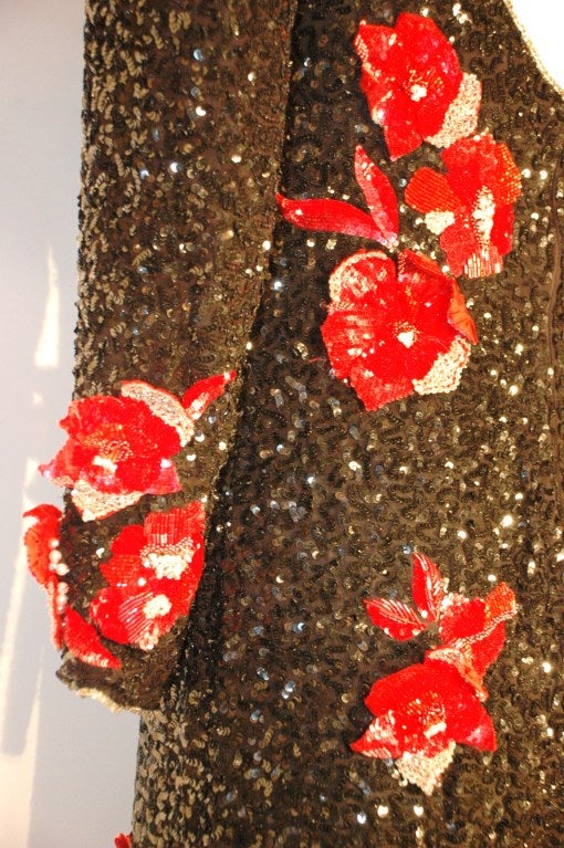 Richilene Full Length Silk Rare Long Sleeve Black Beaded Red Flower Gown Gorgeous For Sale 5