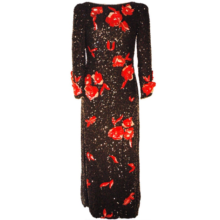 Richilene Full Length Silk Rare Long Sleeve Black Beaded Red Flower Gown Gorgeous For Sale