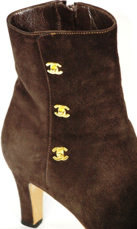 Vintage Chanel Brown Suede Ankle Boots w Triple CC Gold Logo For Sale 5