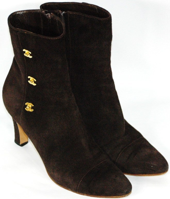 Black Vintage Chanel Brown Suede Ankle Boots w Triple CC Gold Logo For Sale