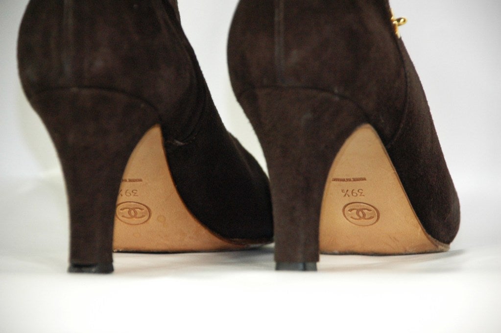 Women's Vintage Chanel Brown Suede Ankle Boots w Triple CC Gold Logo For Sale