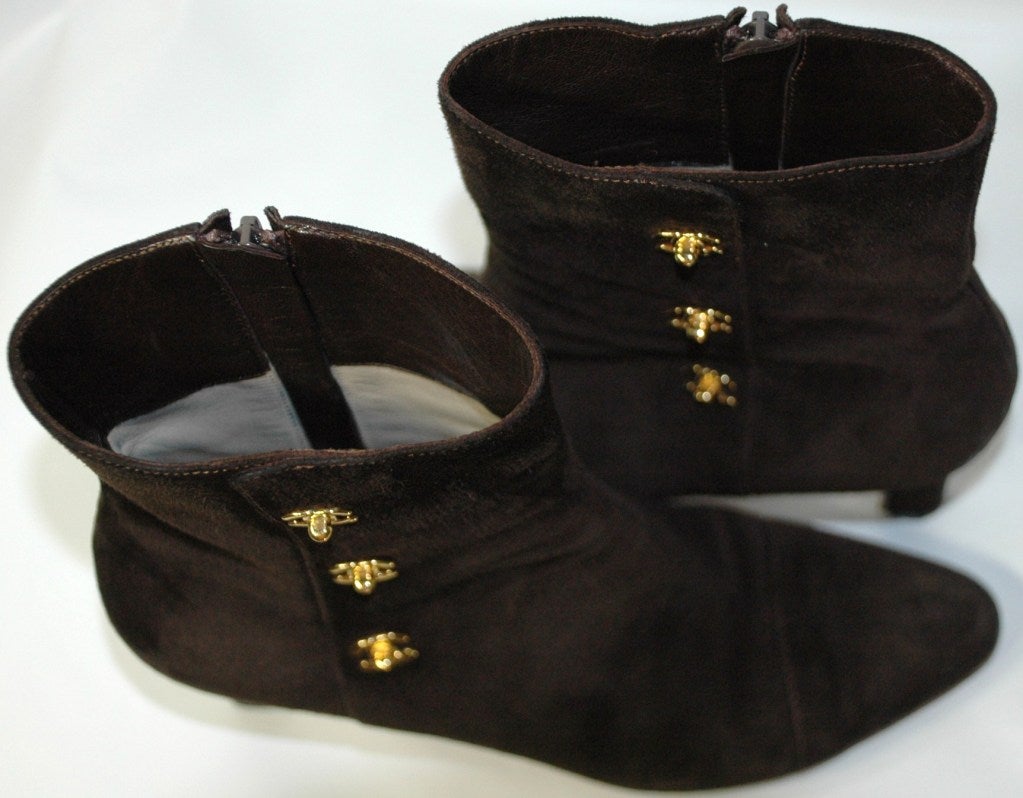 Vintage Chanel Brown Suede Ankle Boots w Triple CC Gold Logo For Sale 3