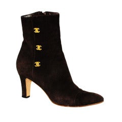 Vintage Chanel Brown Suede Ankle Boots w Triple CC Gold Logo