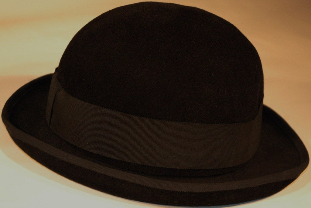 Women's Vintage Celine Black Wool Felt Bowler Hat w grosgrain Ribbon For Sale