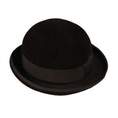Vintage Celine Black Wool Felt Bowler Hat w grosgrain Ribbon