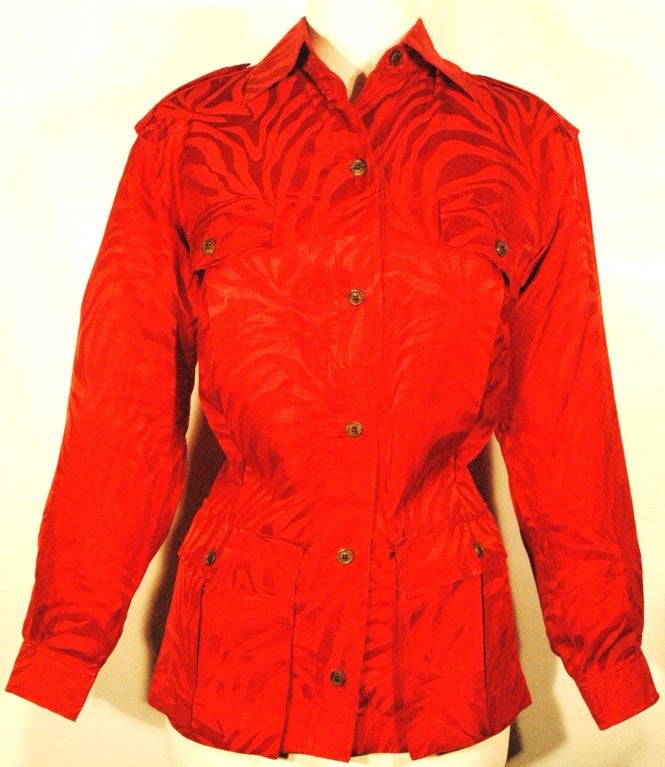 Vintage Yves Saint Laurent Rive Gauche Silk Zebra pattern Red 4 pocket Safari Style Blouse For Sale 6