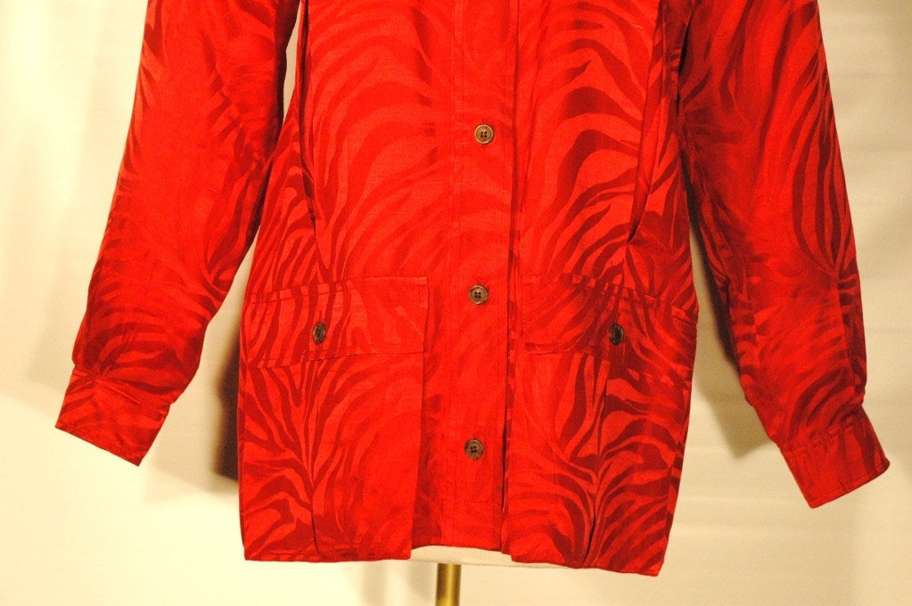 Women's Vintage Yves Saint Laurent Rive Gauche Silk Zebra pattern Red 4 pocket Safari Style Blouse For Sale