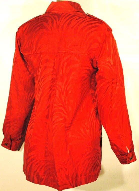 Vintage Yves Saint Laurent Rive Gauche Silk Zebra pattern Red 4 pocket Safari Style Blouse For Sale 1