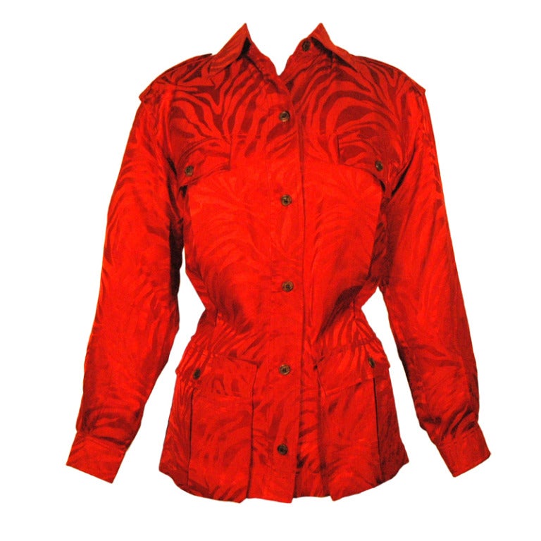 Vintage Yves Saint Laurent Rive Gauche Silk Zebra pattern Red 4 pocket Safari Style Blouse For Sale