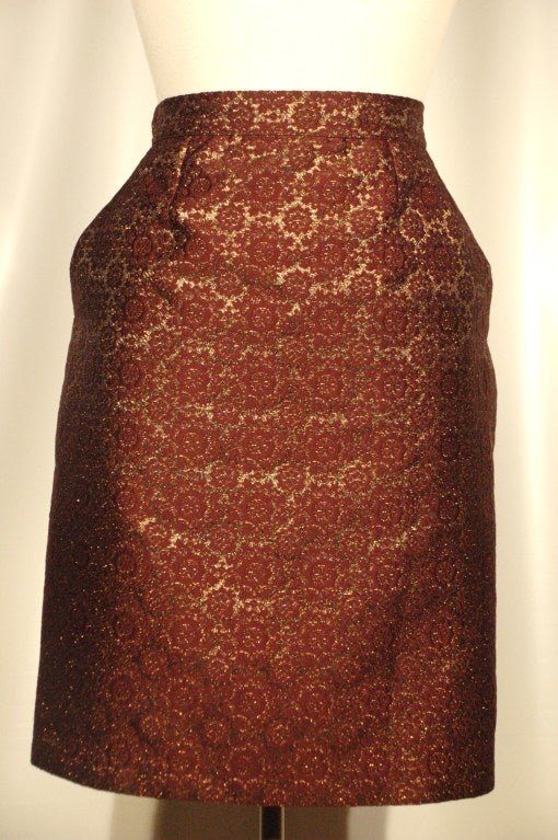 Brown Vintage Yves Saint Laurent Rive Gauche Gorgeous Brocade Skirt Suit 40 For Sale