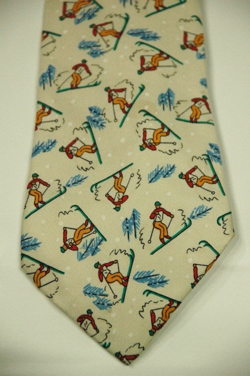 Hermes Ski Pattern 7601 SA Silk Tie Winter White