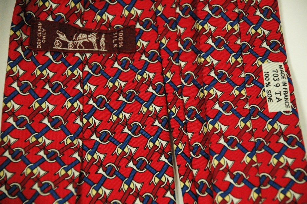 Women's or Men's Hermes 100% Silk Trumpet Horns Red Navy Tie 7039 TA