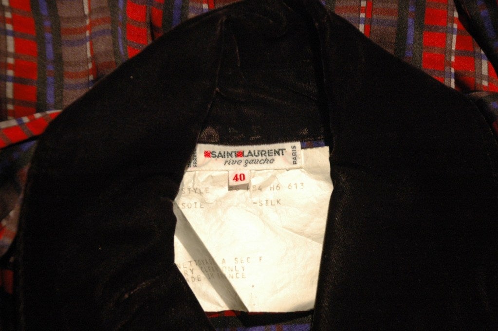 Vintage 1984 Yves Saint Laurent Rive Gauche Silk Blouse w Black Collar & Cuffs Built in Scarf Bow 40