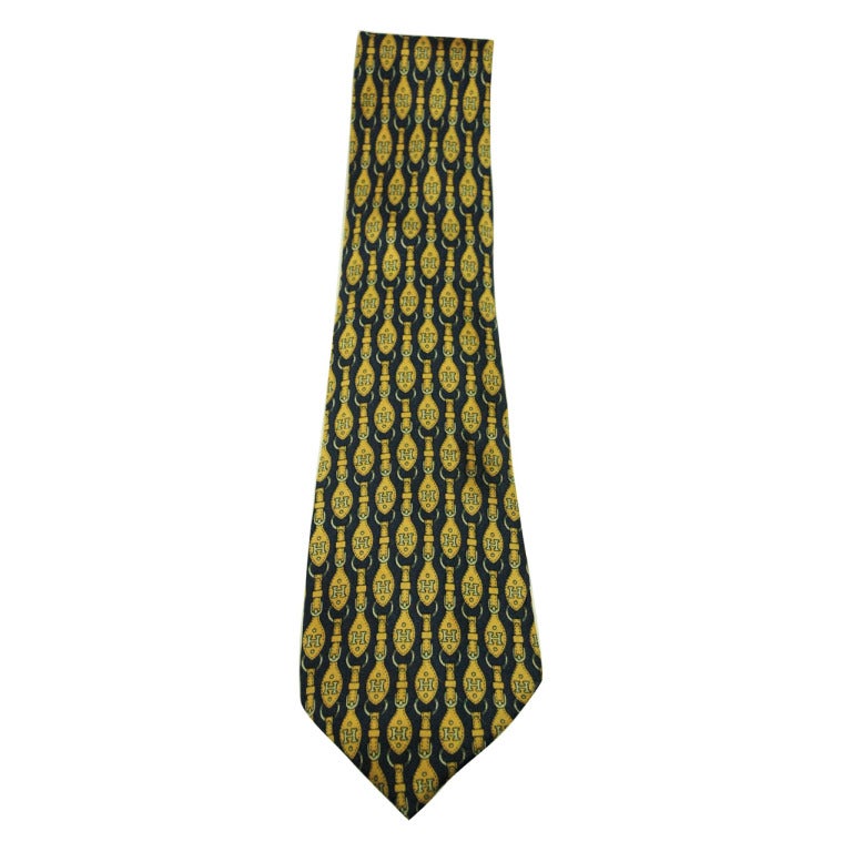 Hermes H Figure Belt Pattern on Navy & Yellow Gold 632 TA Silk Tie For Sale
