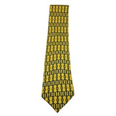 Hermes Horsebit Chain Equestrian Pattern Yellow Navy Silk Tie 597 SA