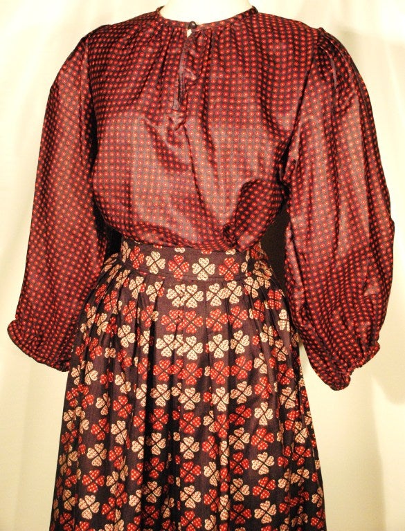 Vintage Yves Saint Laurent Rive Gauche Silk Blouse Skirt Lucky Hearts Clover Print 38 In Excellent Condition For Sale In Lake Park, FL