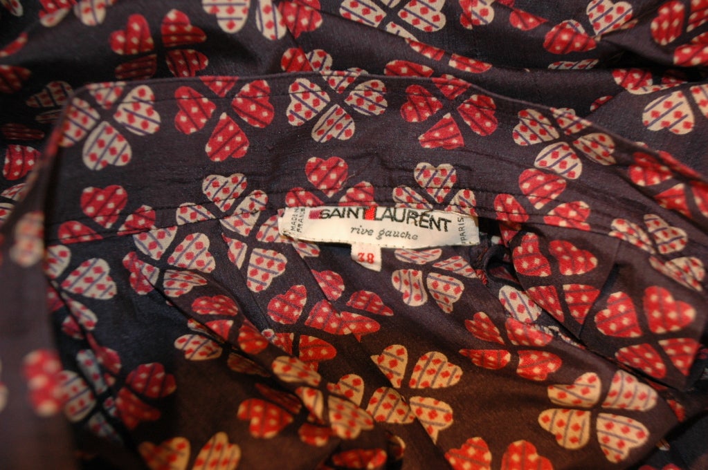 Vintage Yves Saint Laurent Rive Gauche Silk Blouse Skirt Lucky Hearts Clover Print 38 For Sale 4