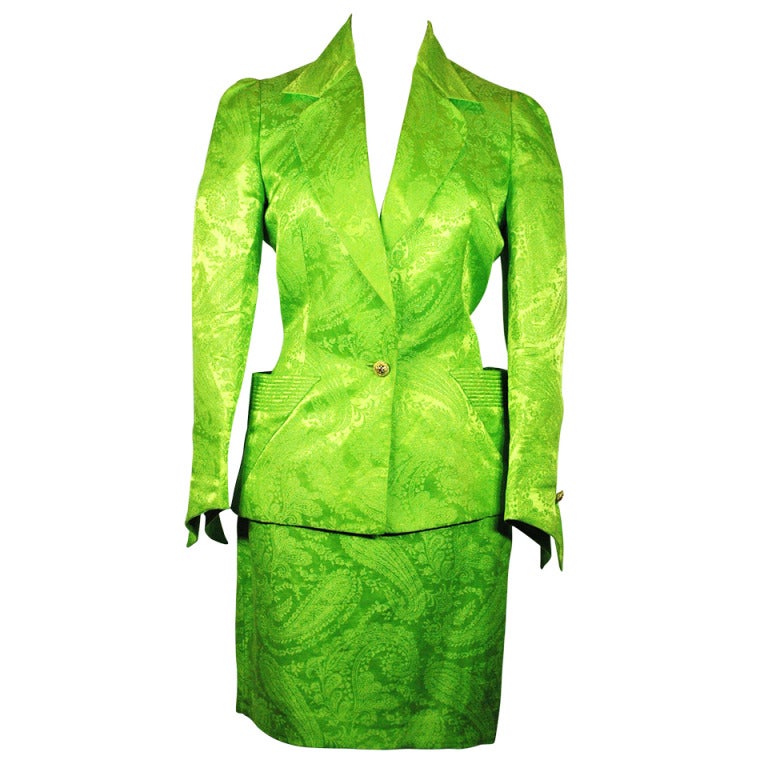 Vintage 1991 Gianni Versace Couture Boutique Runway Lime Green Silk Skirt Suit For Sale