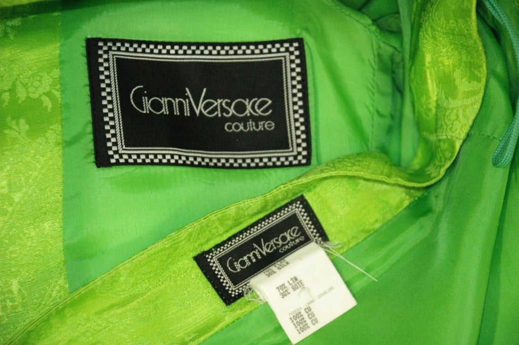 Vintage 1991 Gianni Versace Couture Boutique Runway Lime Green Silk Skirt Suit For Sale 1