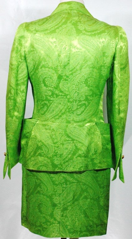 Vintage 1991 Gianni Versace Couture Boutique Runway Lime Green Silk Skirt Suit For Sale 3