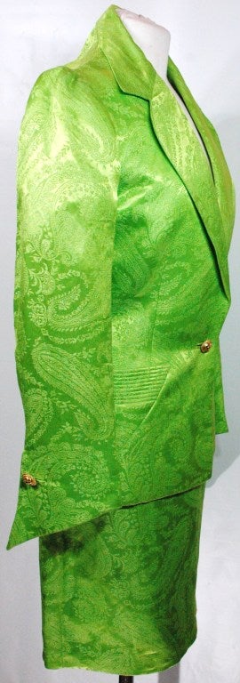 Vintage 1991 Gianni Versace Couture Boutique Runway Lime Green Silk Skirt Suit For Sale 4