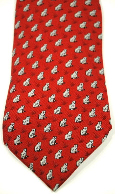 Hermes Grey Frogs on Red 100% silk Tie 5115 HA