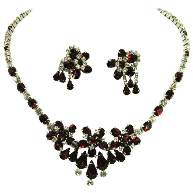 Vintage Christian Dior By Kramer Red & Crystal Stone Necklace & Earrings Set For Sale