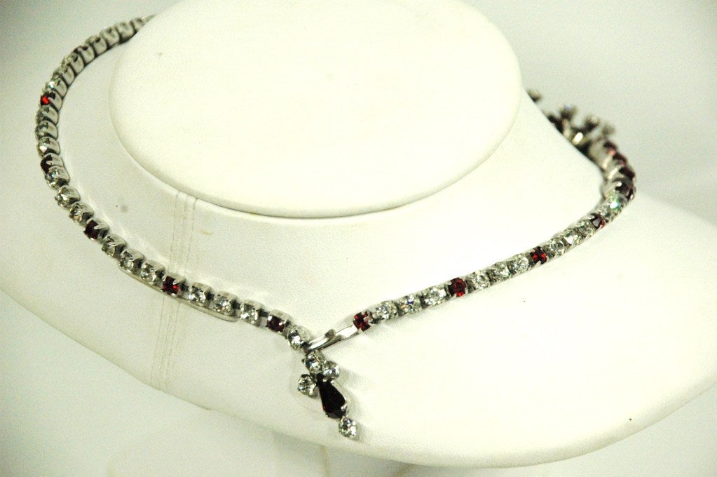 Vintage Christian Dior By Kramer Red & Crystal Stone Necklace & Earrings Set For Sale 3