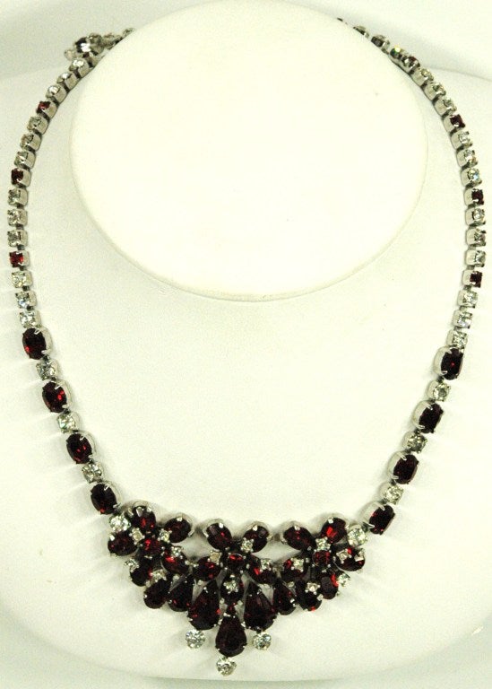 Vintage Christian Dior By Kramer Red & Crystal Stone Necklace & Earrings Set For Sale 2